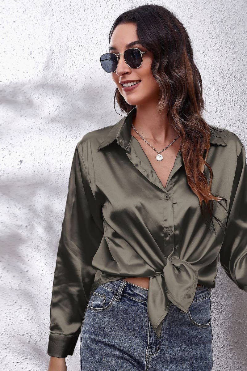 NINEXIS - Wholesale Button Down Shirt - Women's - CWTBLL0691_Button Down Silky Satin Long Sleeve Top40