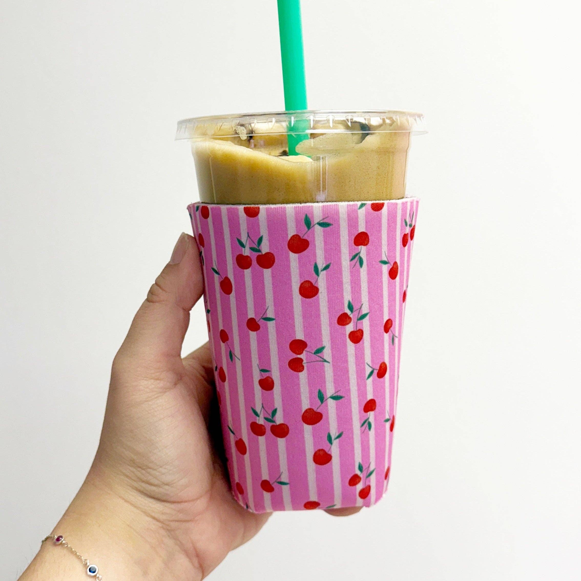 Sonny Rising - Wholesale Drink Huggers & Koozies - Iced Coffee Sleeve, Pink Stripe Cherries