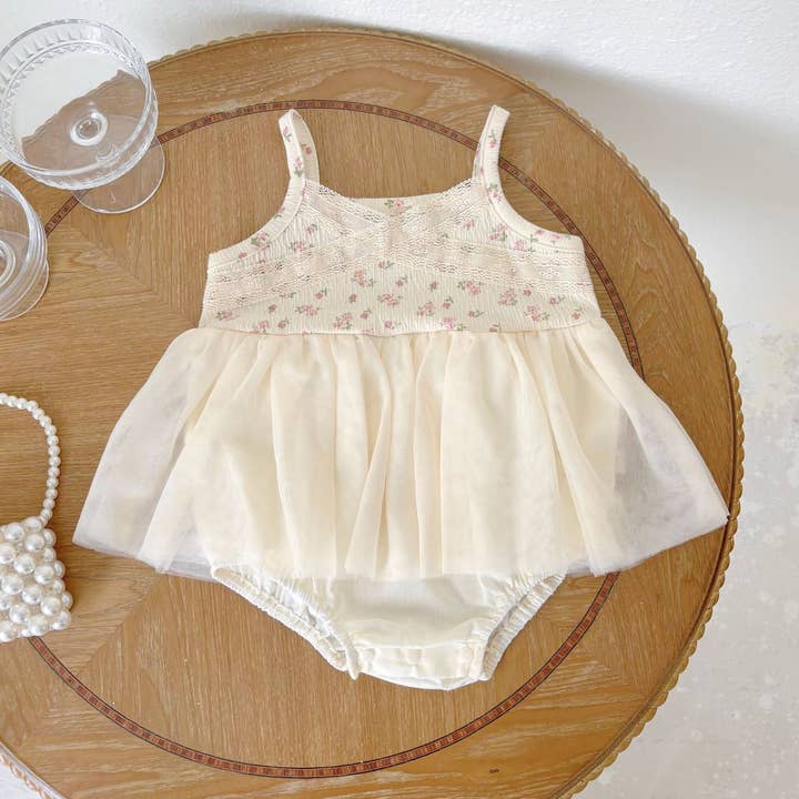 Sommerankomst Baby Piger Sød Ærmeløs Blomstermønster Kjole Design Strop Bodysuit for engroshandel hos MyKids-USA®