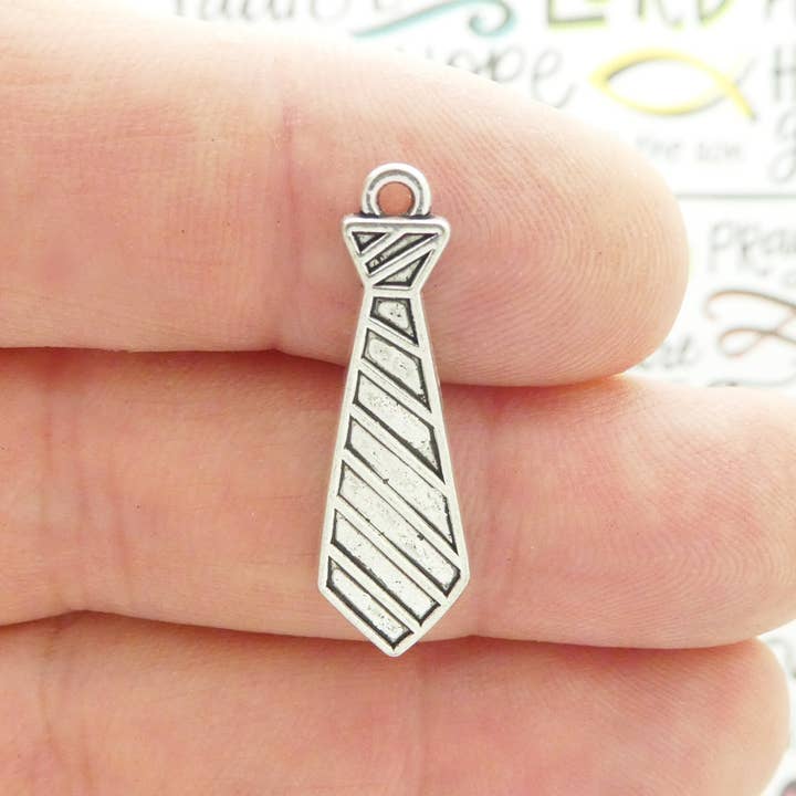 12 Silver Tie Charm Clothing Pendant 30x10mm by TIJC SP1018 for wholesale by Treasure Island