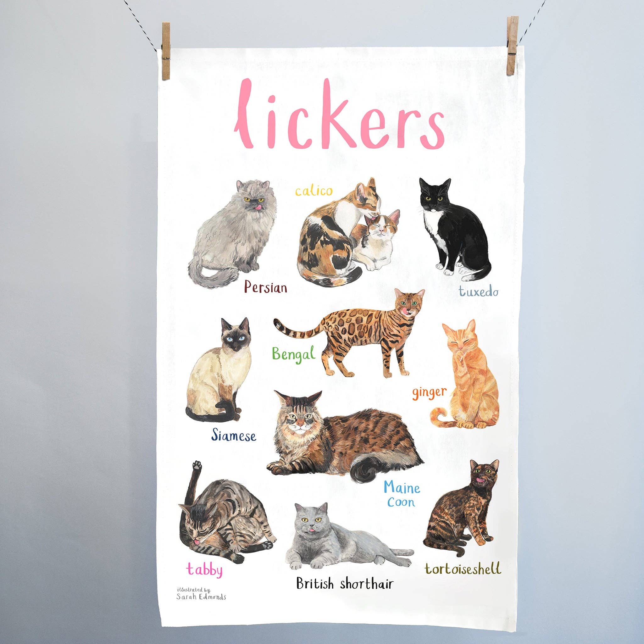 Sarah Edmonds Illustration – wholesale Tea towel – Lickers Cat Cotton Tea Towel2
