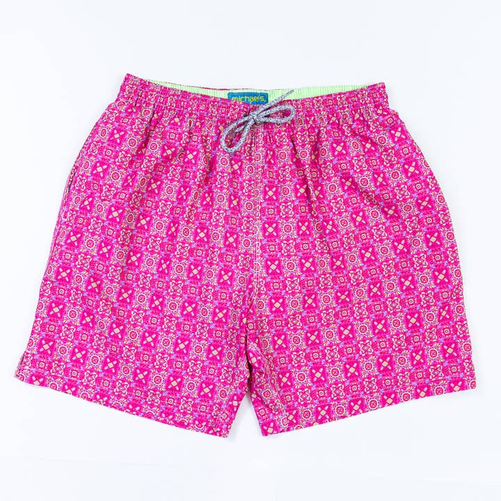 Men's Cyclist Liner Swim Trunks - Coral Square Geo for wholesale by Let's Get This Thread