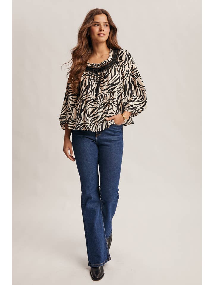 Forte - Wholesale Blouse - Women's - Zebra Jacquard Blouse with Faux Leather Trim FT002311