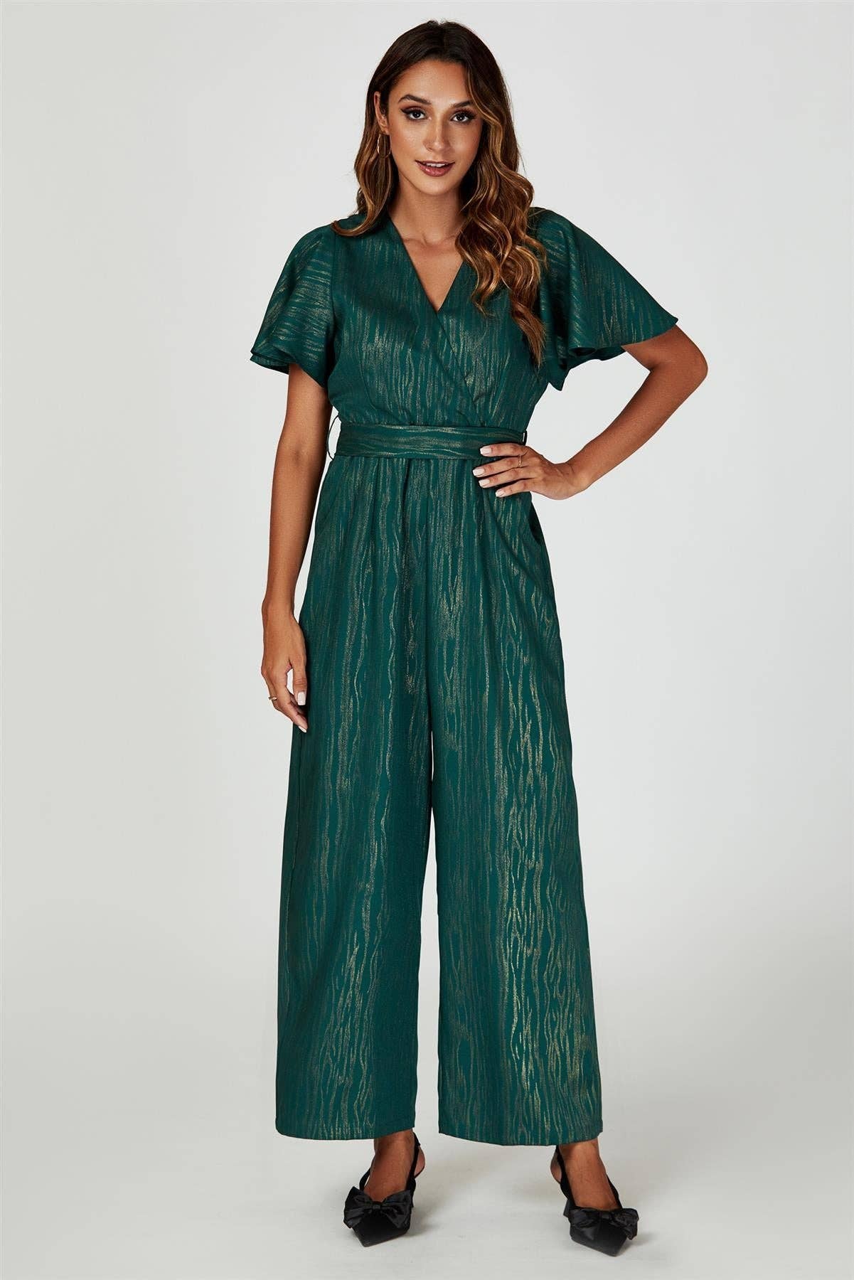 Gold Foil Print Wrap Top Jumpsuit In Green for wholesale on Faire1