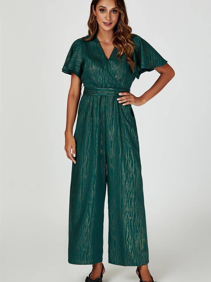 Gold Foil Print Wrap Top Jumpsuit In Green for wholesale on Faire1