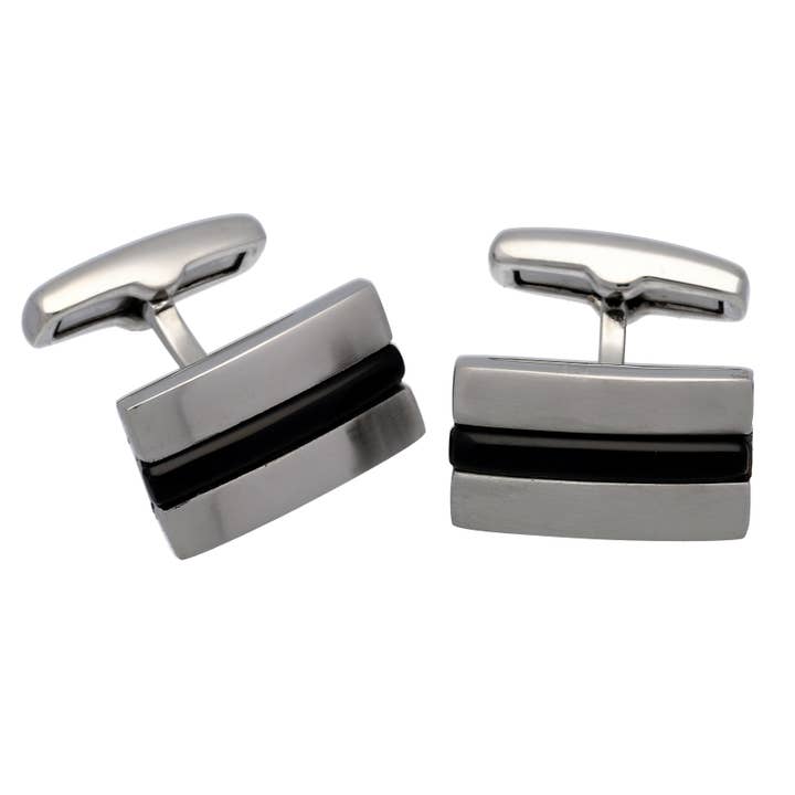 Black Stripe Curved Rectangular Swivel Back Brushed Stainless Steel Cufflinks for wholesale by Silver Insanity