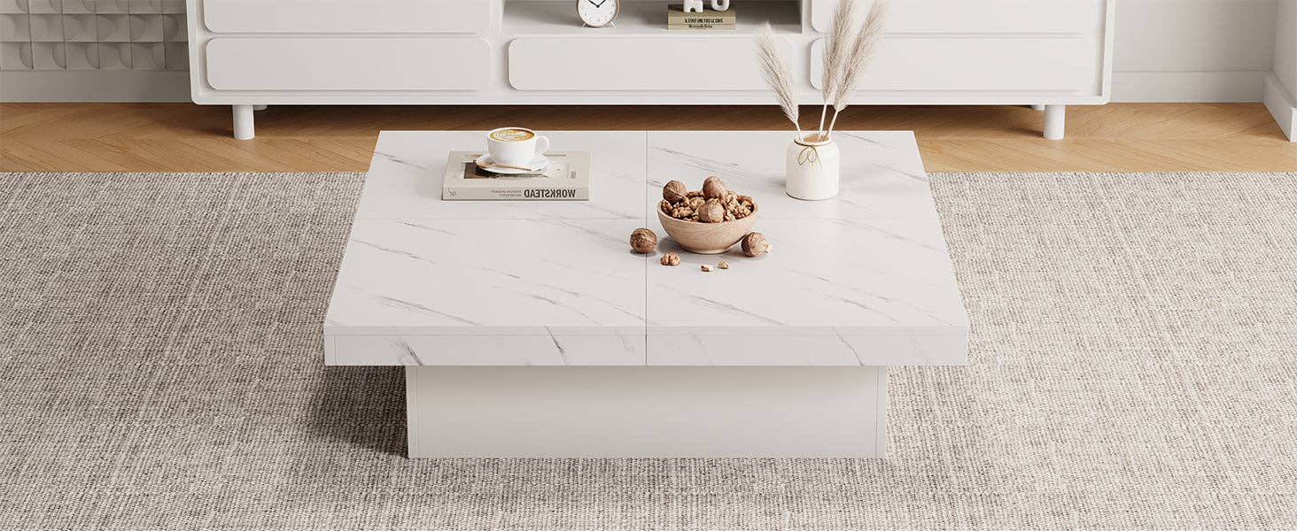 Urban Meuble - Wholesale Side Table - Modern white square coffee table with marble effect, 4 drawers, sliding top 90x90x25cm KHEKRIED51