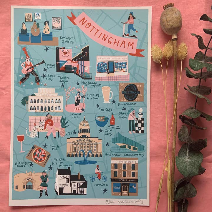 Nottingham Illustrated Map for wholesale by Ellastrated