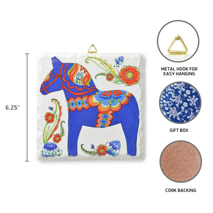 Blue Dala Horse Ceramic Deluxe Plaque for wholesale on Faire
