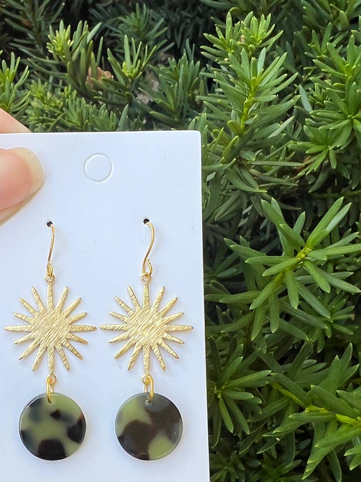 Olive Green Sunburst Metal Acrylic Statement Earrings for wholesale by Baubles by B