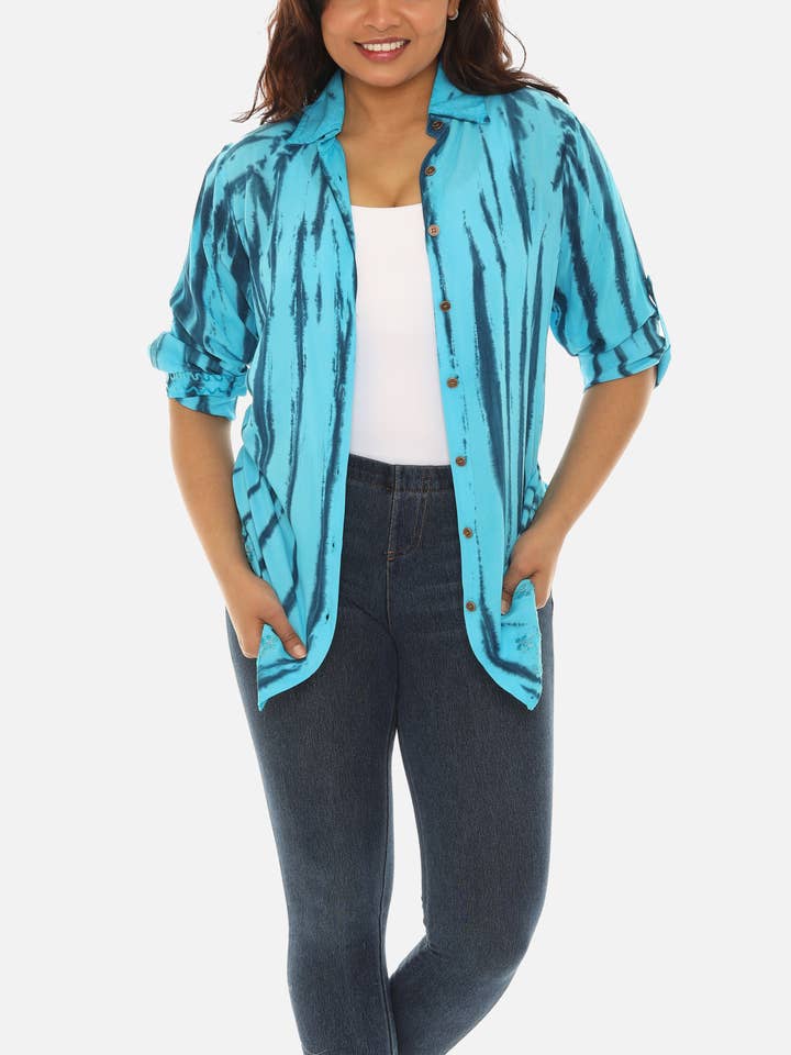 Turquoise Tie-Dye Button-Down Shirt for wholesale by Shoreline Wear. INC