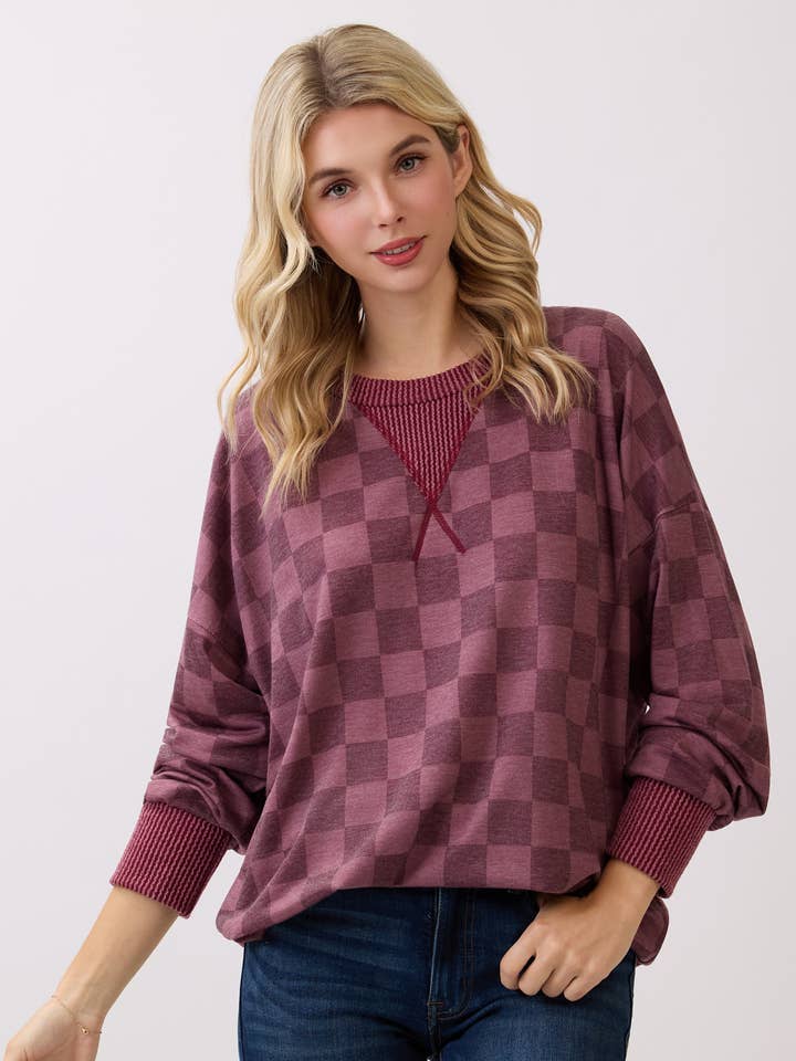 Checkered Print Drop Shoulder Pullover Top T6129 for wholesale by 7th Ray