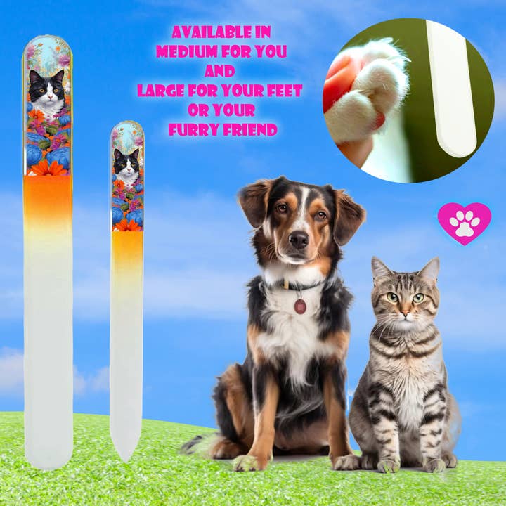 Classy Nail Files - Venta al por mayor Limas de uñas - Lima de uñas de cristal checo coloreada con diseño de gato de esmoquin y flores 3D.