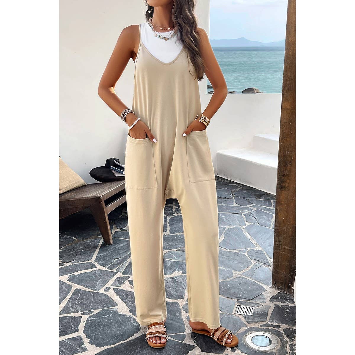 Supreme Fashion - Wholesale Jumpsuit - Women's - Pocketed Spaghetti Strap Loose Sleeveless Jumpsuit0