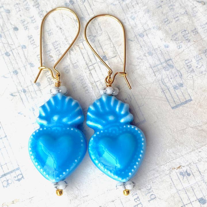 Red Truck Designs - Wholesale Dangle Earrings - Heart Earrings Blue Ceramic Sacred Heart Turquoise Southwest