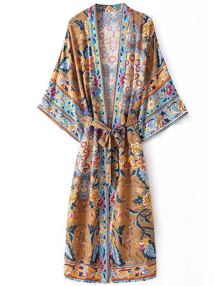 Brun Strandtøj Kimono Kåbe Blomsterprint Brun Farve Bomuld Langlængde Kjole Duster Robe for engroshandel på Faire