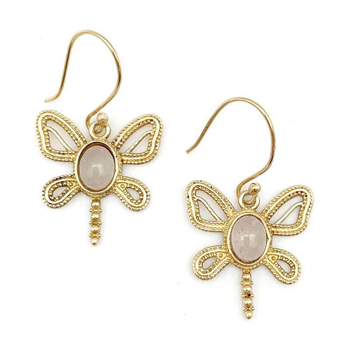 Anju Jewelry – wholesale Dangle earrings – Tanvi Gold-Plated and Rose Quartz Earrings - Dragonfly0
