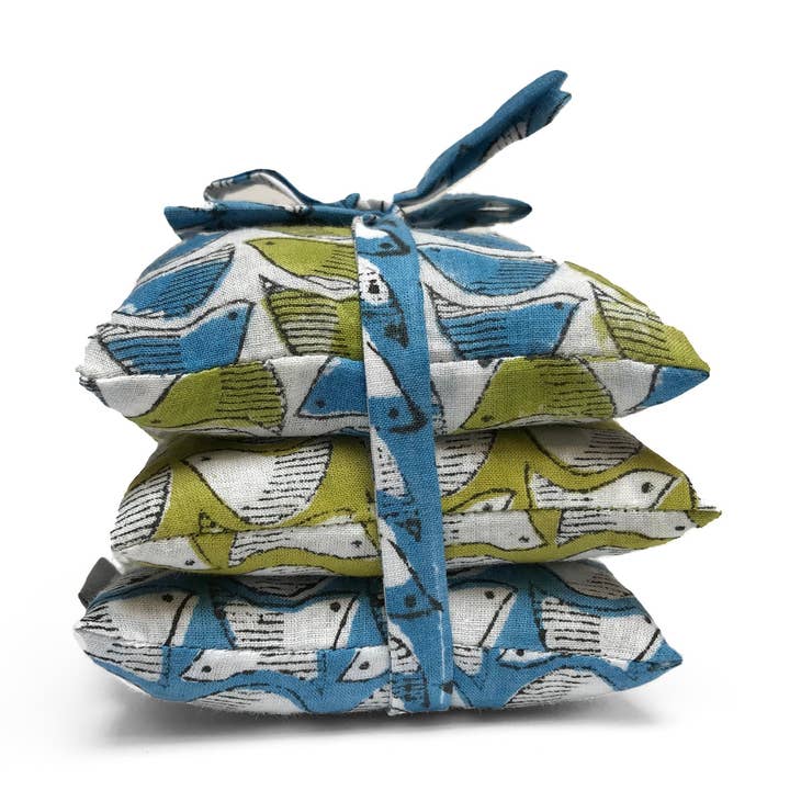 Stack of 3 Square Lavender Sachets - Blue and Green Birds for wholesale by Lime Tree Design - US
