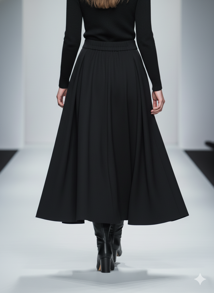 Black A-Line Skirt Wool Look Pleated Midi for wholesale on Faire3