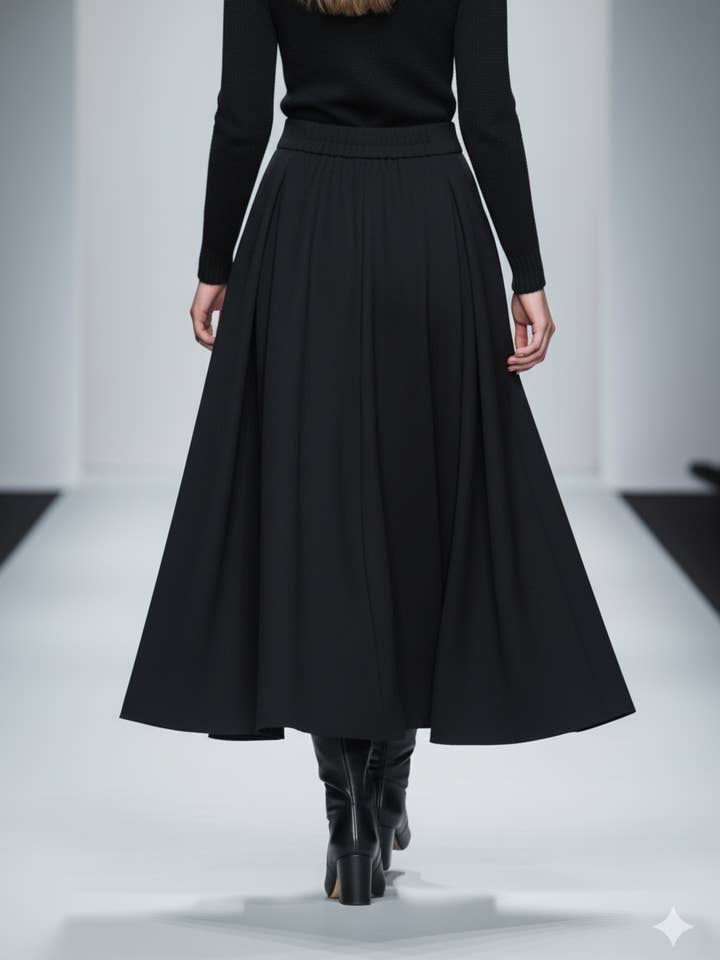 Negro Falda línea A de lana con pliegues midi de venta al por mayor en Faire3