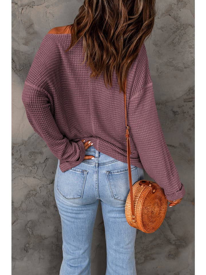1 the Woman - Wholesale Knit Top - Women's - Waffle Knit Loose Long Sleeve Top - 6 Colors