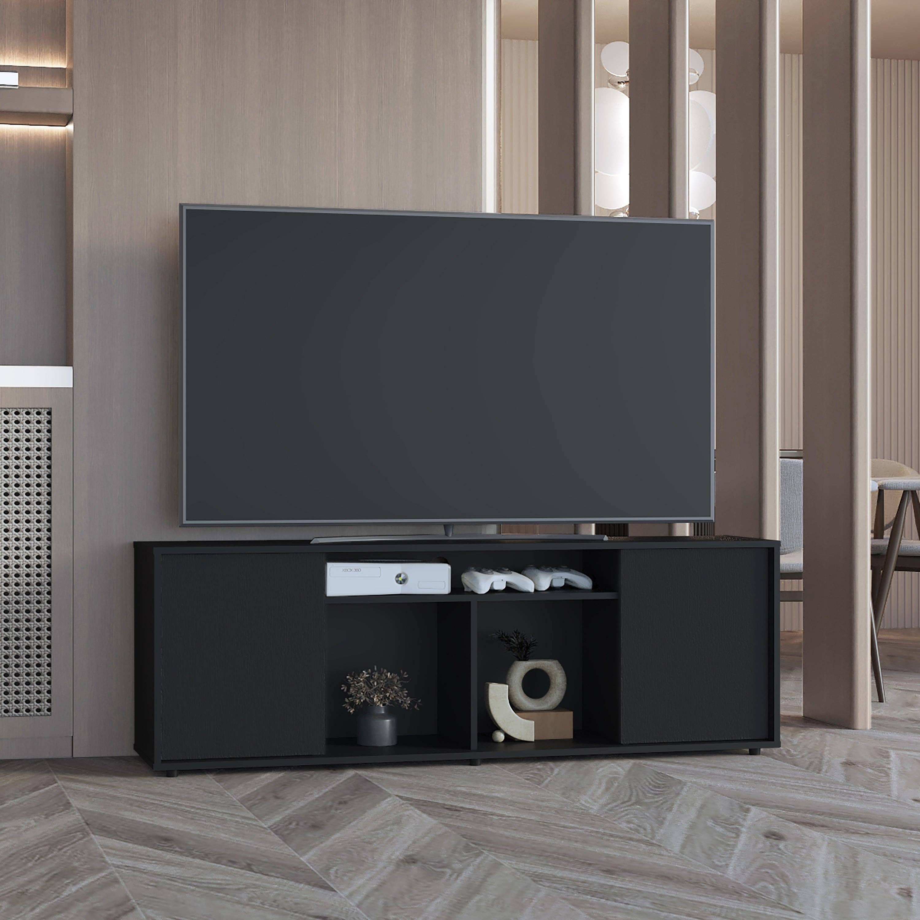Black Prana TV cabinet in melamine, ample storage and 3 shelves. for wholesale on Faire0