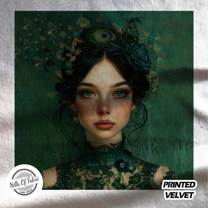 Vintage Floral Lady Green Peacock Printed Fabric Panel for wholesale by Hills Of Fabric