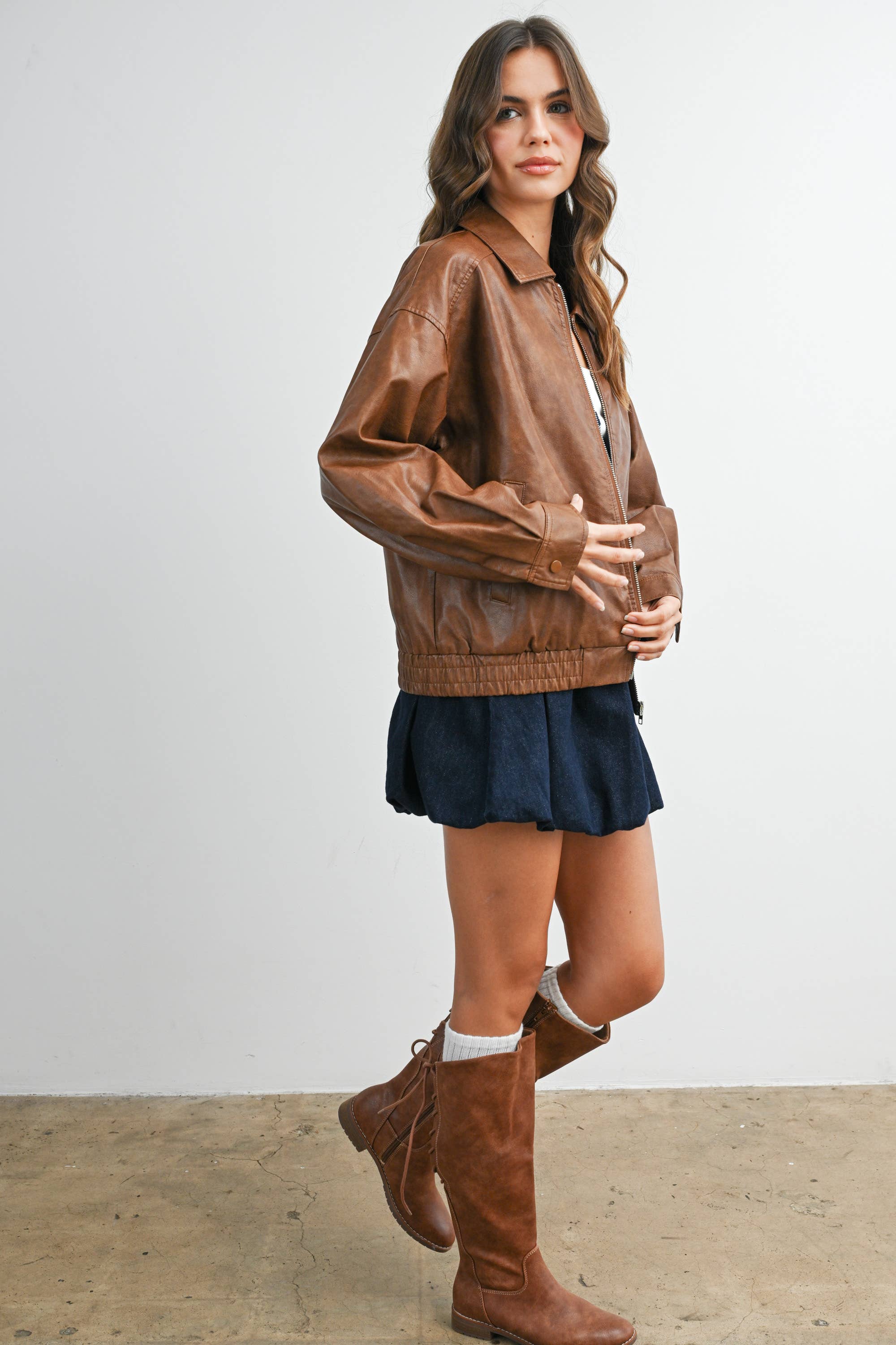 BUTTERMELON - Wholesale Jacket - Women's - Collared Zip-Front Leather Jacket - BMJ796826