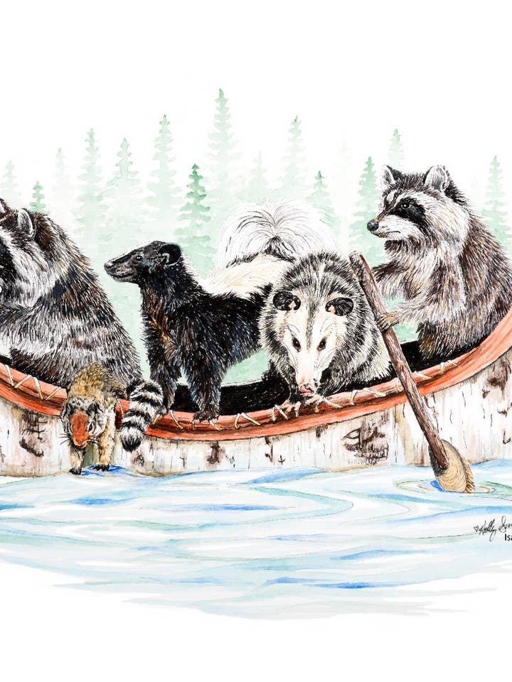 Critter Canoe Mountain Animal Signed Archival Art Print for wholesale by Holly Simental