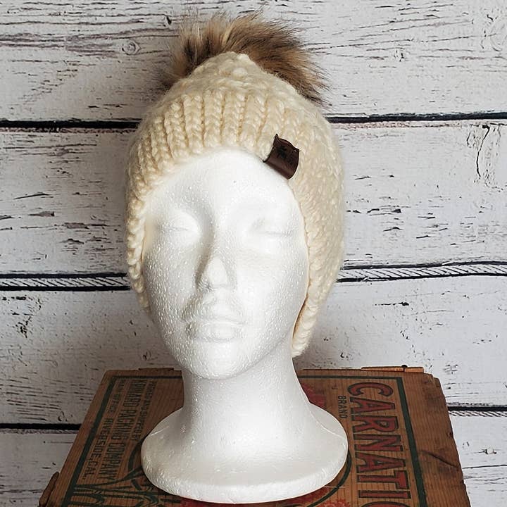 Cream Alpaca Blend Wool Crochet Hat with Pom for wholesale by A Farm Girl by Tess