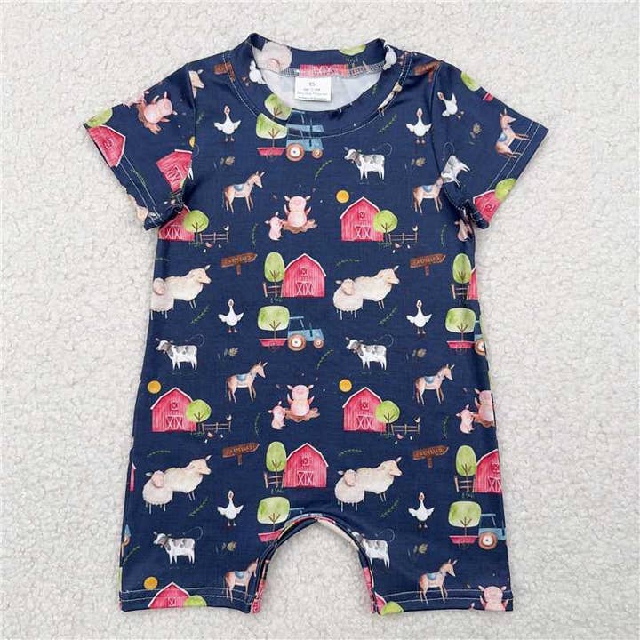 Baby Infant Navy Farm House Animals Short Sleeve Rompers 250508 for wholesale by Aier Wholesale