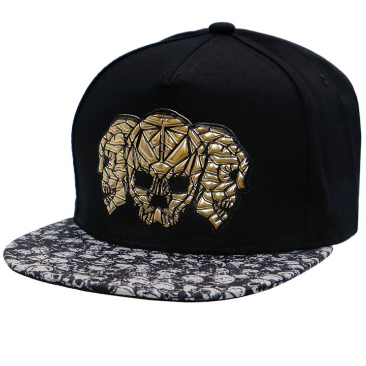 Black Gold Metallic Prism Skull Flat Bill Acrylic Snapback for wholesale on Faire
