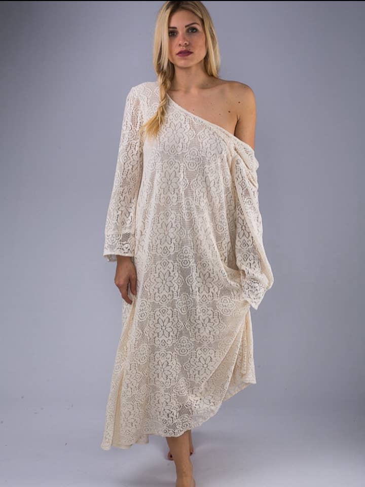 Ibiza Lace Maxi Dress or Duster Natural for wholesale by Blue Boheme