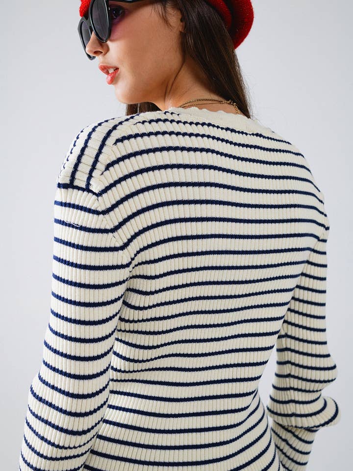White Striped Cardigan in Cream with Ruffle Trim for wholesale on Faire