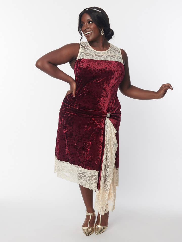 Unique Vintage - Wholesale Dress - Women's - UV Burgundy Crushed Velvet & Ivory Lace Flapper Dress
