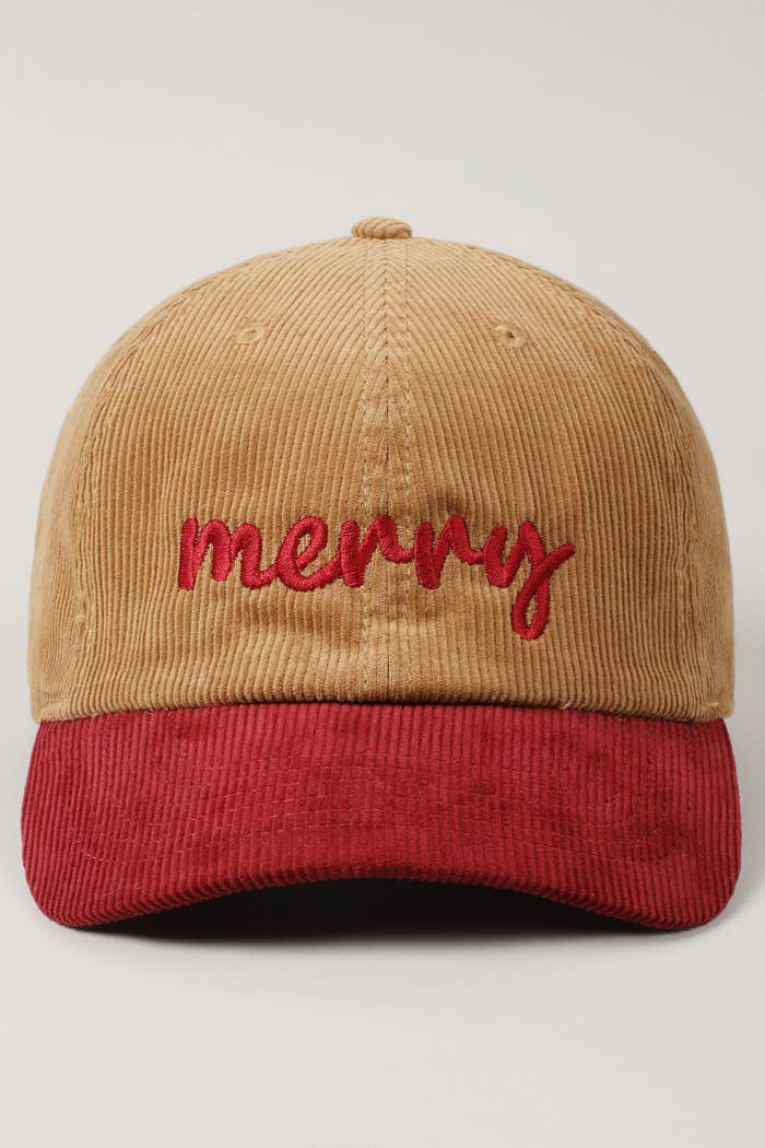 Fashion City - Wholesale Baseball Cap - Unisex - Merry Text Embroidery Two-Tone Corduroy Hat0