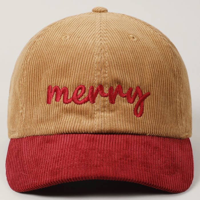 Fashion City - Wholesale Baseball Cap - Unisex - Merry Text Embroidery Two-Tone Corduroy Hat