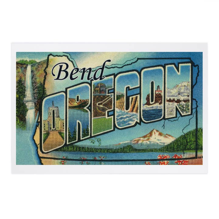 CARTOLINE PREMIUM Bend, Oregon, scene con lettere grandi per la vendita all'ingrosso da parte di Lantern Press