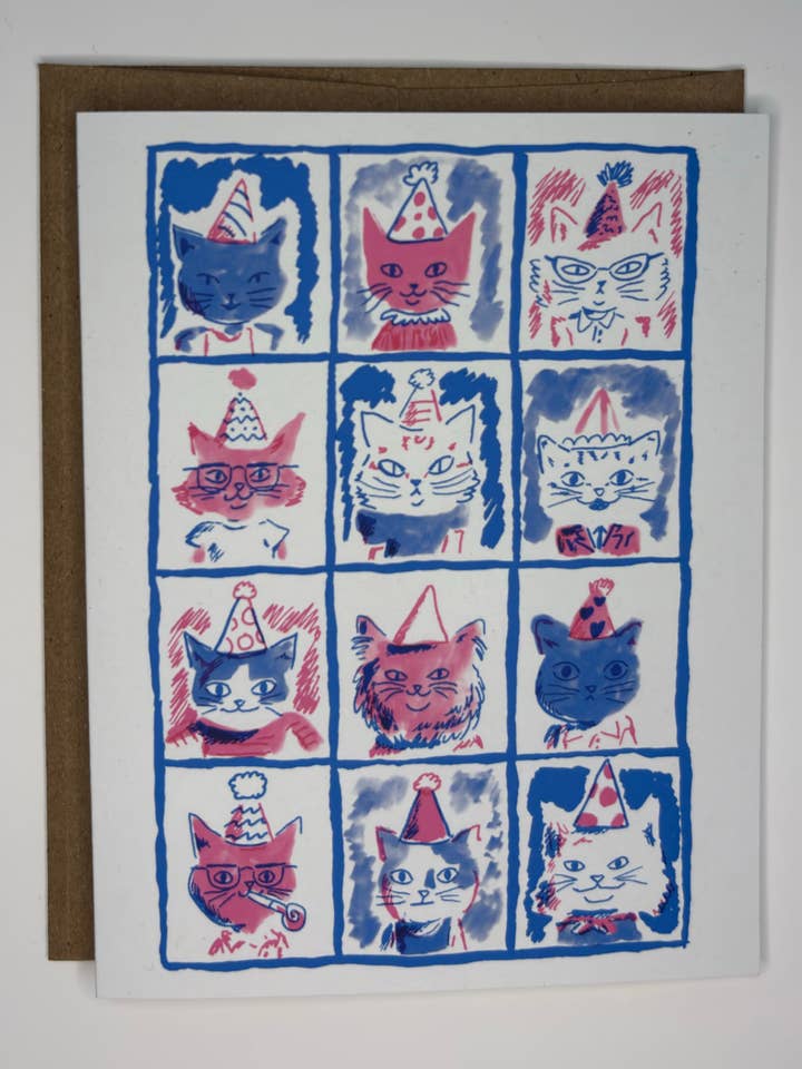 Biglietto di auguri con gatti in cappelli da compleanno per la vendita all'ingrosso da parte di Steve Teare's Pet Portraits