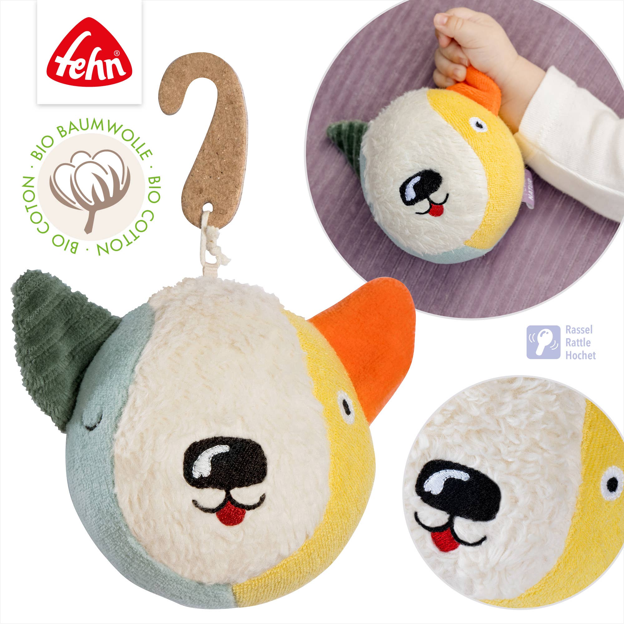 Fehn - Wholesale Sensory Ball - Baby - Fabric Ball Dog NATURE - Gripping Play Ball with Rattle3