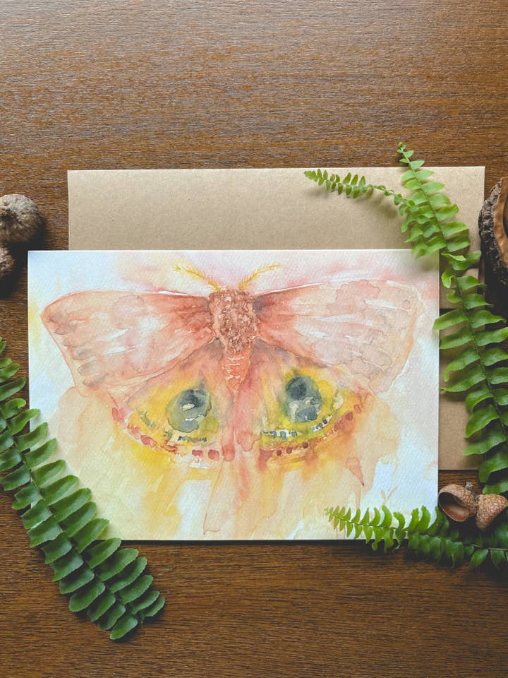 Io Moth Watercolor A7 Greeting Card for wholesale by The Painter’s Nest