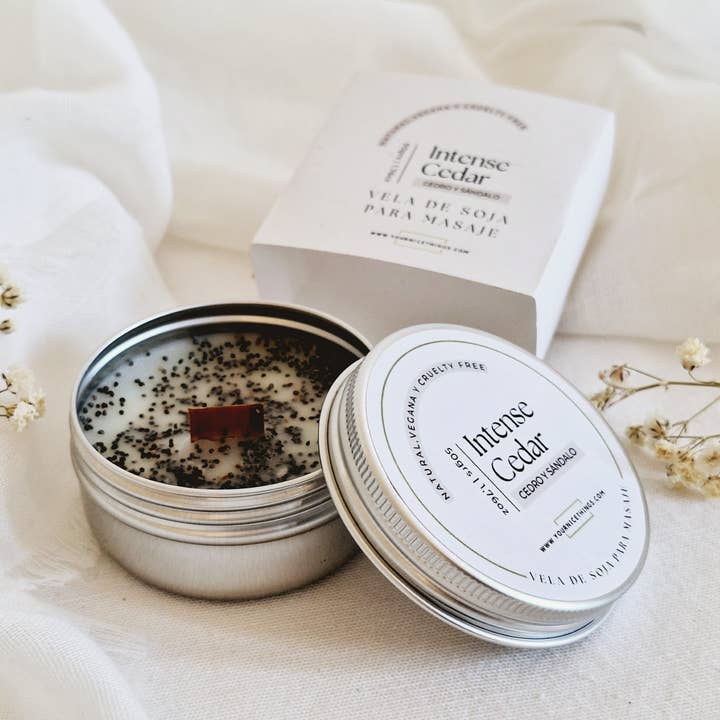 Bougie de soja pour massage Intense Cèdre (cèdre et santal) 50g pour la vente par YourNiceThings