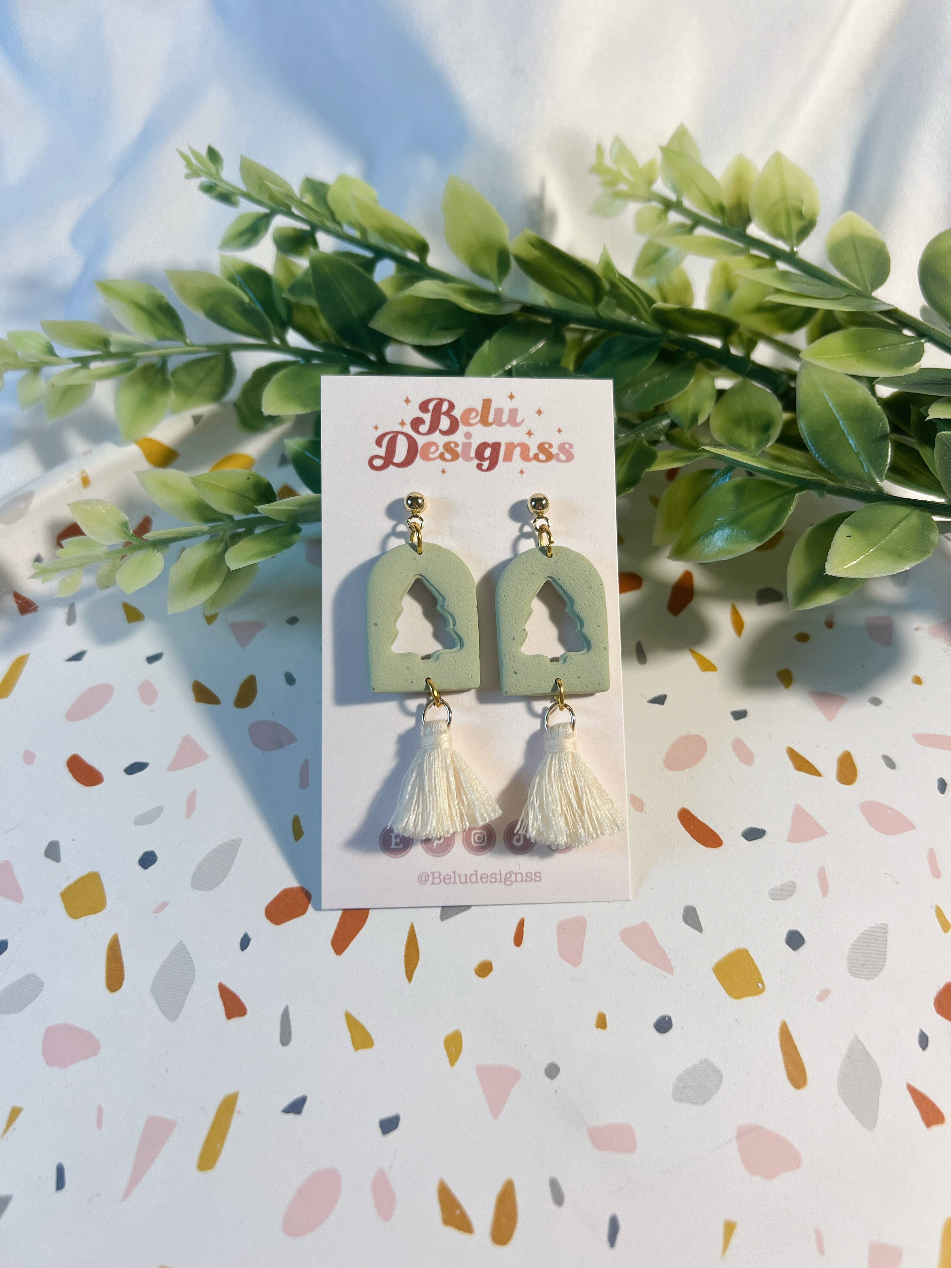Belu Designss - Wholesale Dangle Earrings - Christmas tree cut out with tassel polymer clay earrings1