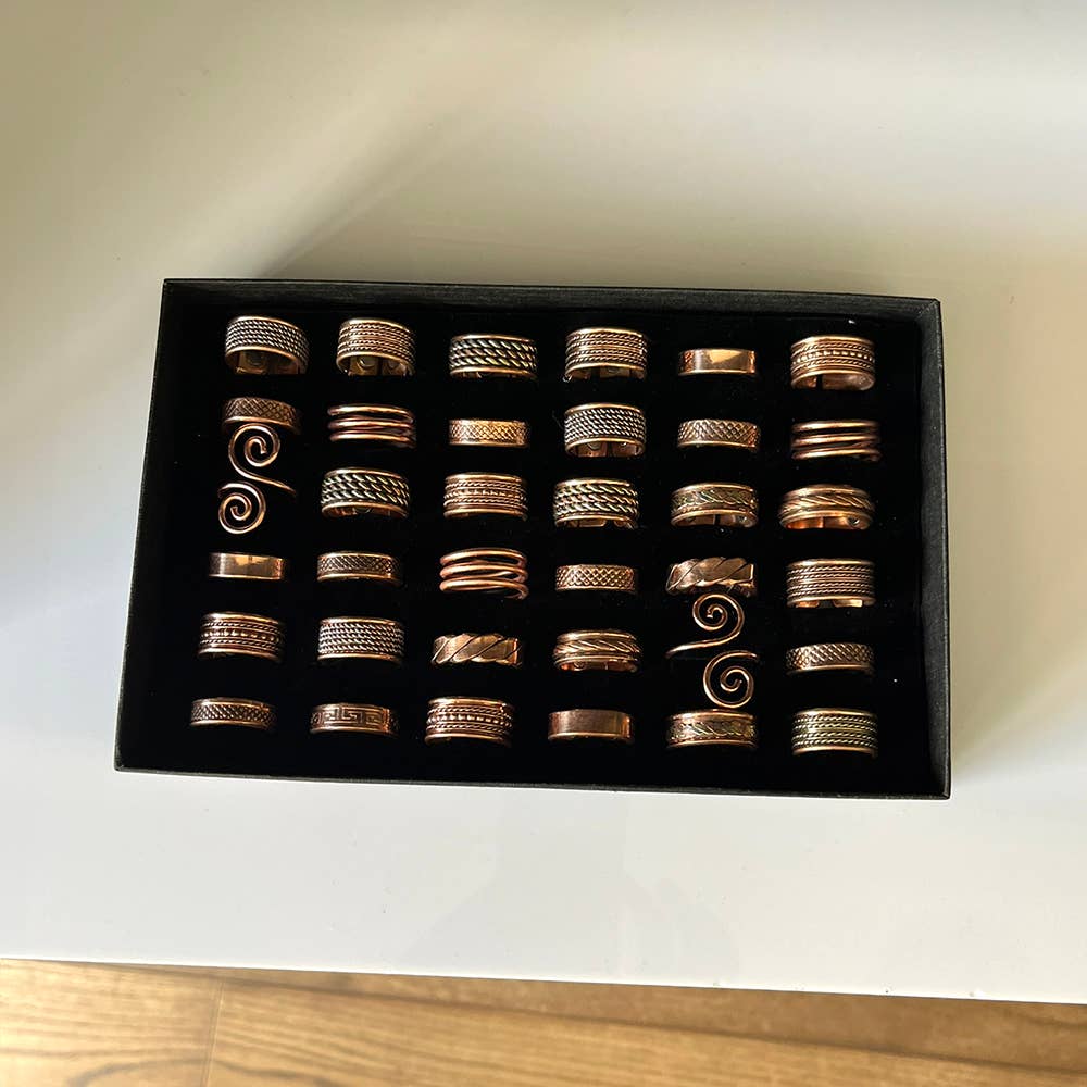 VIE - Wholesale Single Stone/Solitaire Ring - Box of 36 Assorted Adjustable Copper Rings5