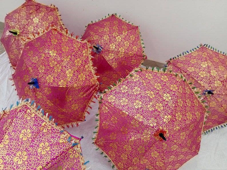 Bhawana Handicrafts - Venta al por mayor Paraguas - Mujer - Paraguas decorativo para boda con diseño floral indio, juego de 5 piezas9