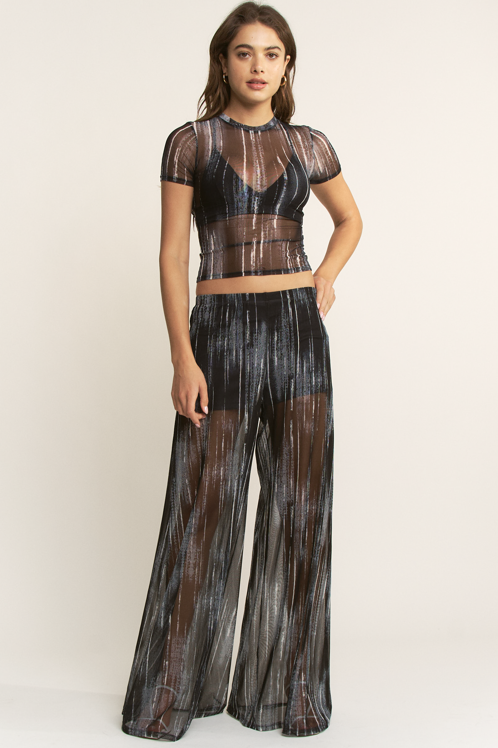 YNEZ - Wholesale Pants - Women's - Vibrant Stripe Print Sheer Wide Leg Cocktail Going Out Pant31