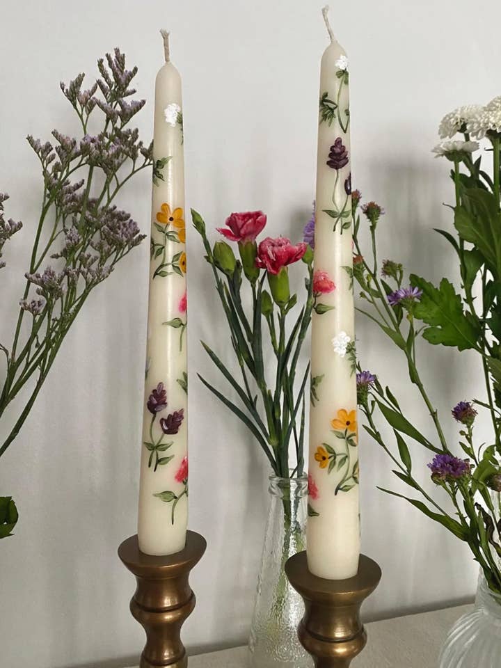 Pressed Flower Taper Candle for wholesale by The Wildest Flowers