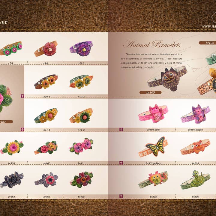 Sunflower Handmade leather inc - Vendita all'ingrosso Bracciale a polsino - 144 Braccialetti con Piccoli Fiori assortiti con un espositore in legno4