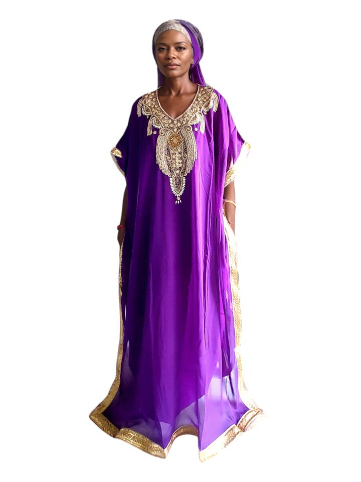 India Batik - Wholesale Kaftan - Women's - Beaded kaftan Dress With Gold Border - Purple