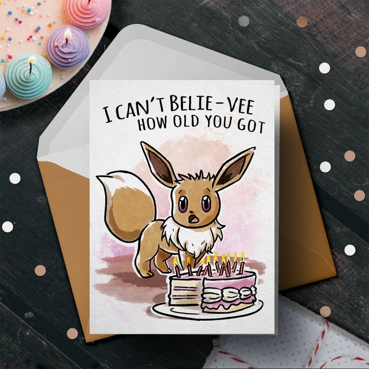 Aaron Millard Illustration – Großhandel Geburtstagskarten – Geburtstagskarte „Can't Belie-vee How Old“, Motiv Nerd Anime Critter